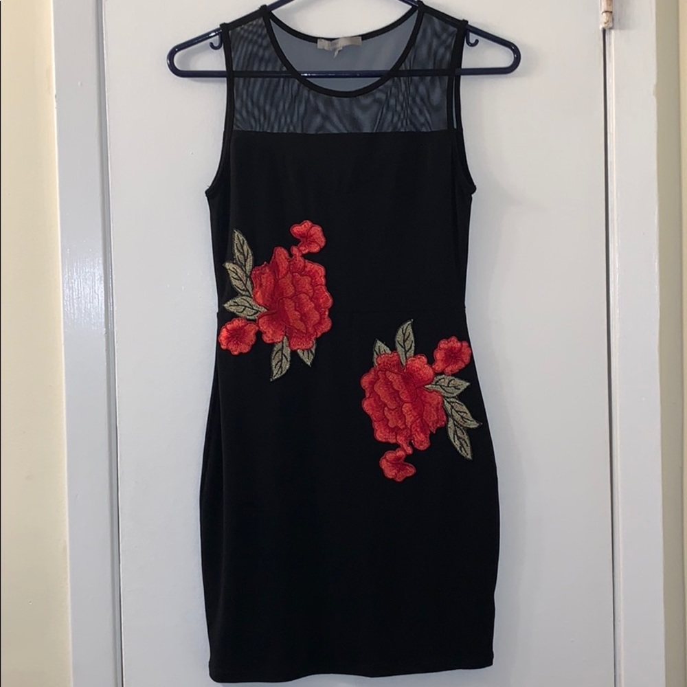 Little black dress w/ red roses and sheer top